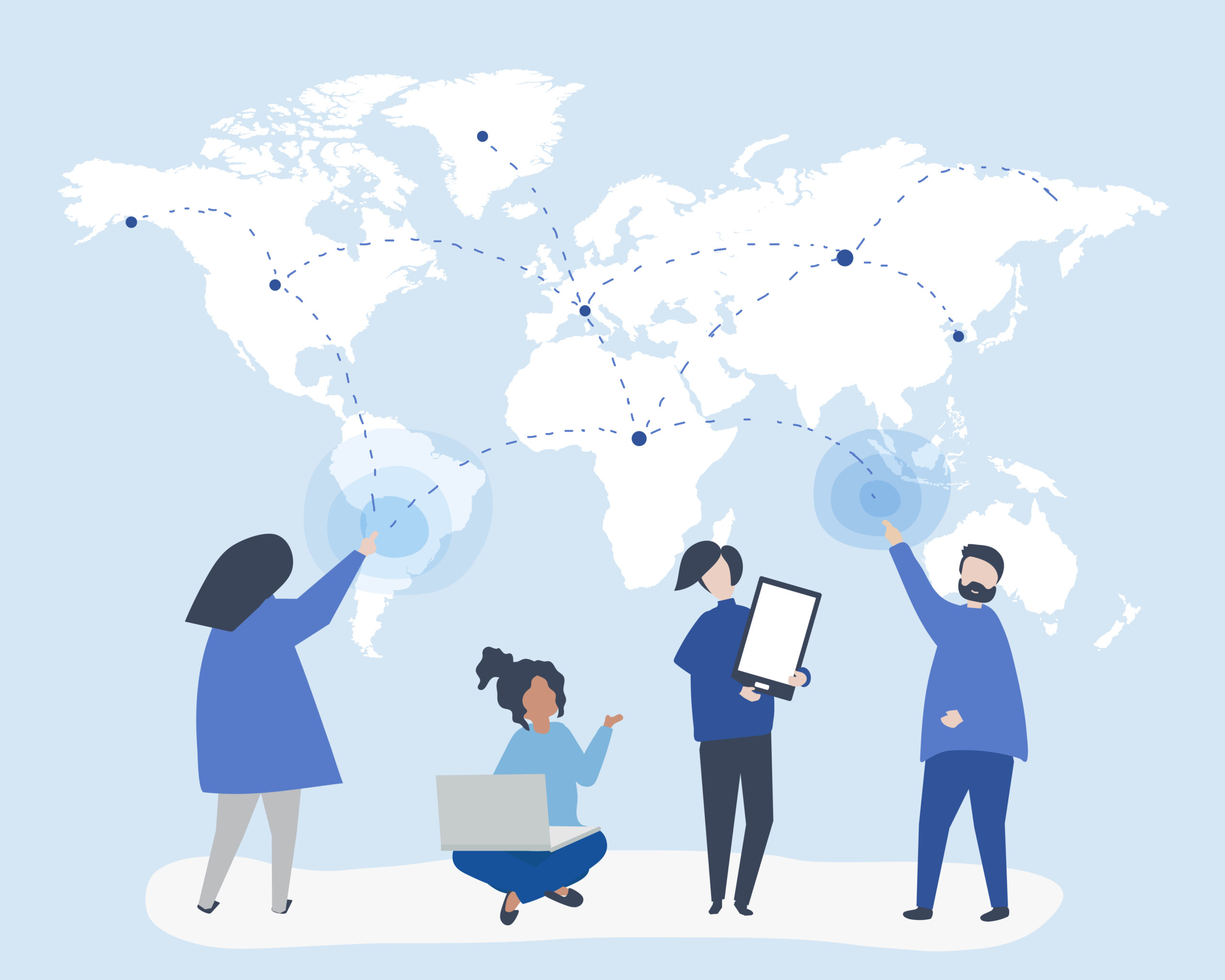 Illustration of nearshoring and regional partnerships with a world map and interconnected teams, highlighting SEEOS’s role in driving outsourcing efficiency.